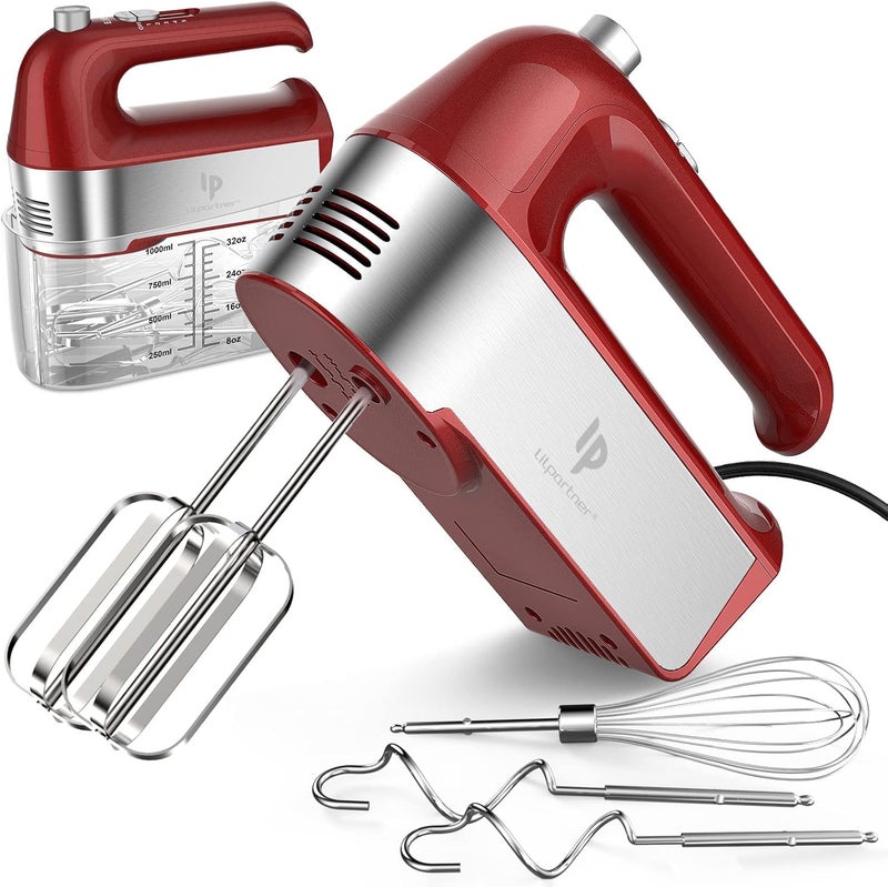 LILPARTNER Hand Mixer Electric, 450W Kitchen Mixers with Scale Cup Storage Case, Turbo Boost/Self-Control Speed + 5 Speed + Eject Button + 5 Stainless Steel Accessories, For Easy Whipping Dough, Cream, Red - Image 1